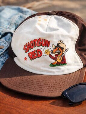 Vintage USA Trucker Hat Shotgun Red Graphic Snapback Brown Cream Cap